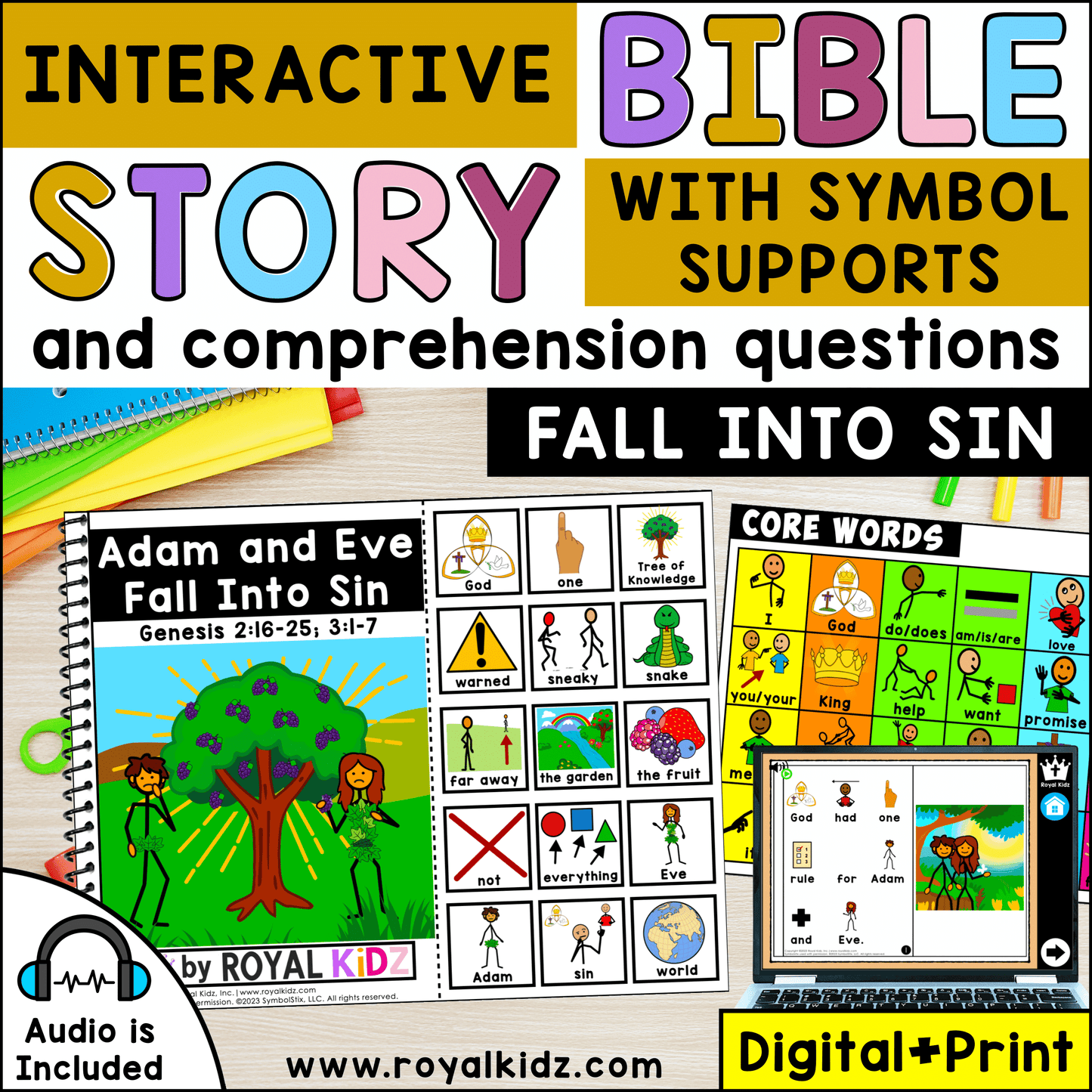 Adam and Eve Fall Into Sin Adapted Book WITH Symbol Supports + Bible Boom Cards™