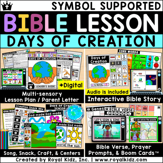 Days of Creation Bible Lesson WITH Symbol Supports + Bible Boom Cards™ UNIT 1