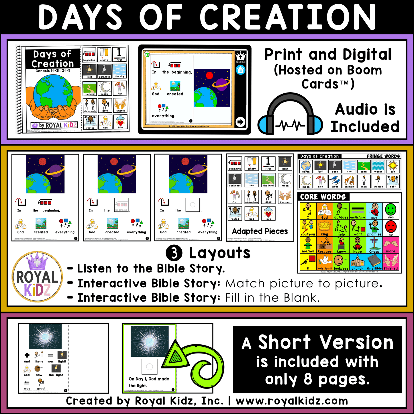 Days of Creation Bible Lesson WITH Symbol Supports + Bible Boom Cards™ UNIT 1