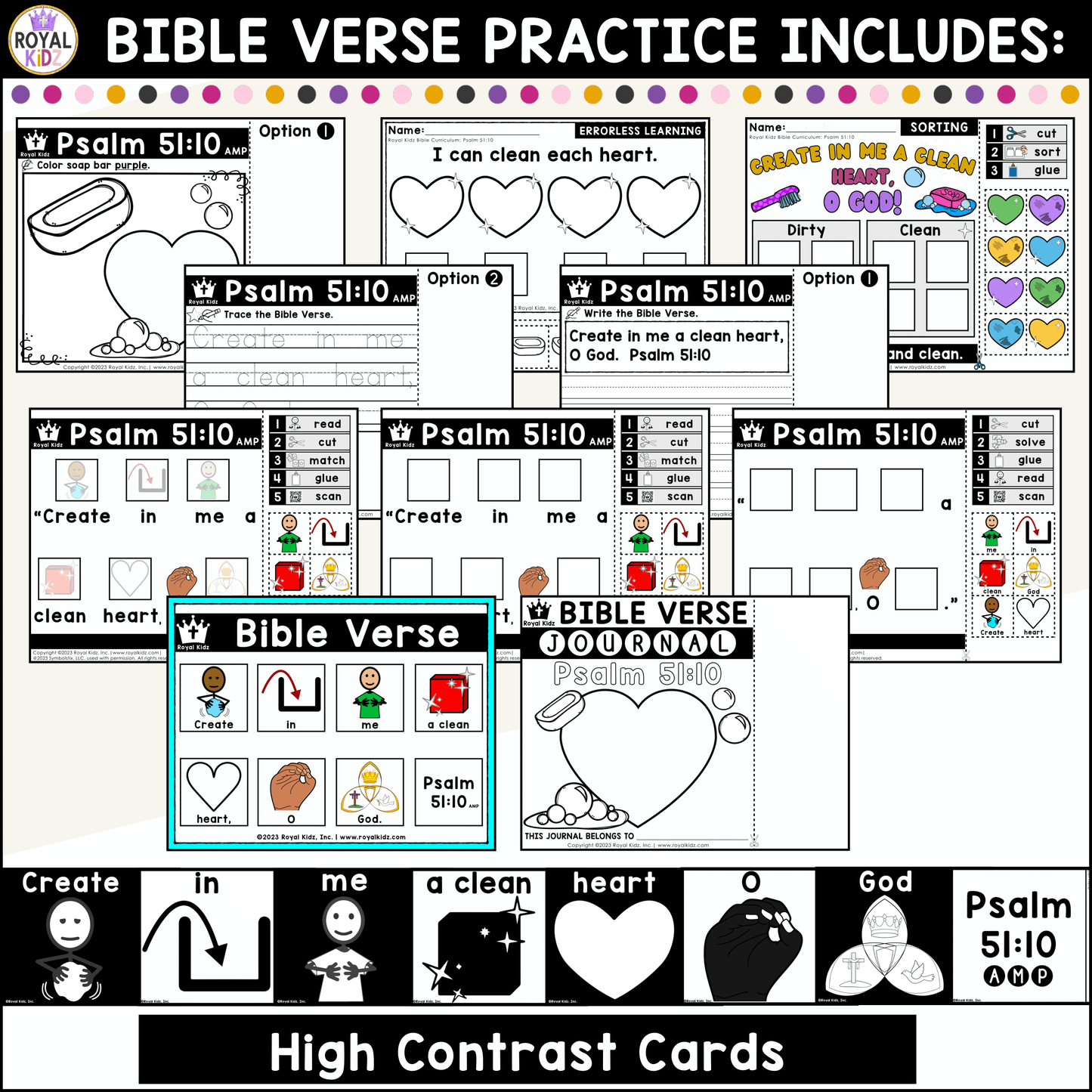 Psalm 51:10 Bible Verse WITH Visual Supports Activities - High Contrast Cards